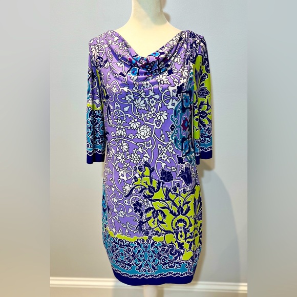 Adrianna Papell Dresses & Skirts - Adrianna Papell Paisley 3/4 Sleeve Cowl Neck Purple Green Shift Dress Size 2P